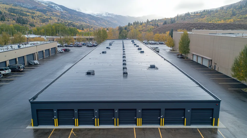 A commercial roof on a storage facility in a location similar to Aspen with a rainy day aesthetic (AI image)