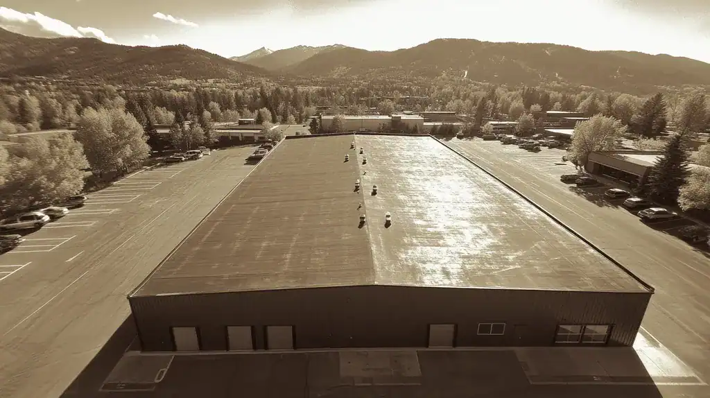 A commercial roof on a warehouse in a location similar to Aspen with a tintype aesthetic (AI image)