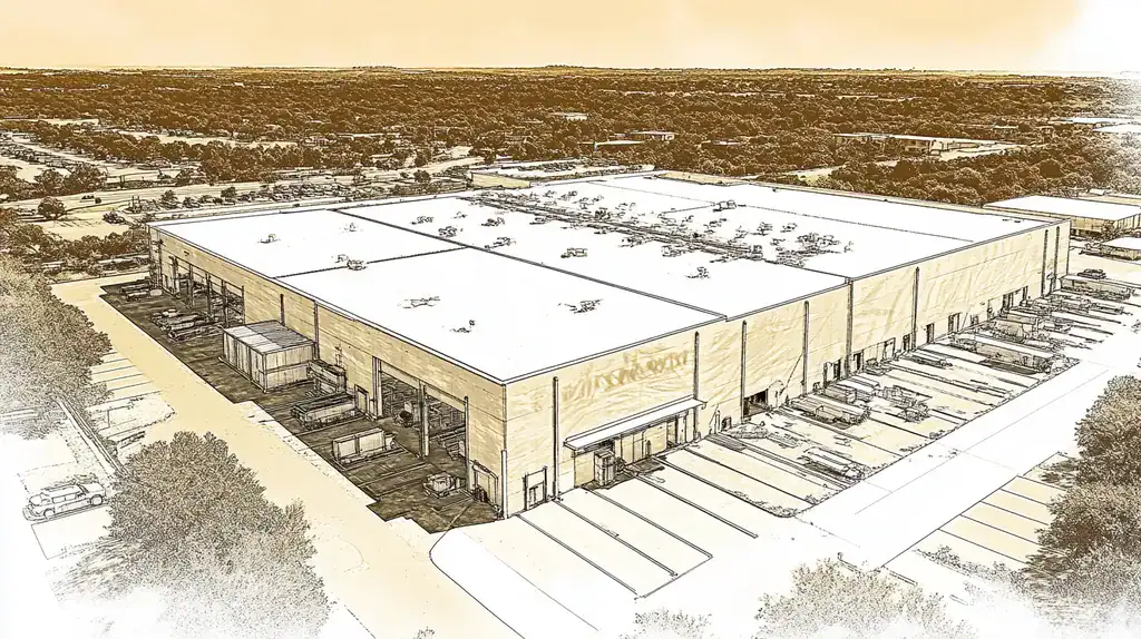 A commercial roof on a warehouse in a location similar to Austin with an architectural sketch rendering aesthetic (AI image)