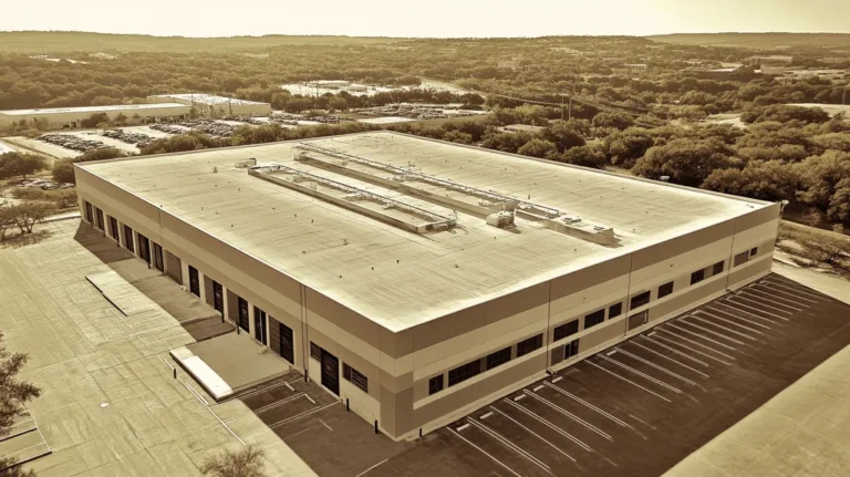 A commercial roof on a warehouse in a location similar to Austin with an architectural sketch rendering aesthetic (AI image)