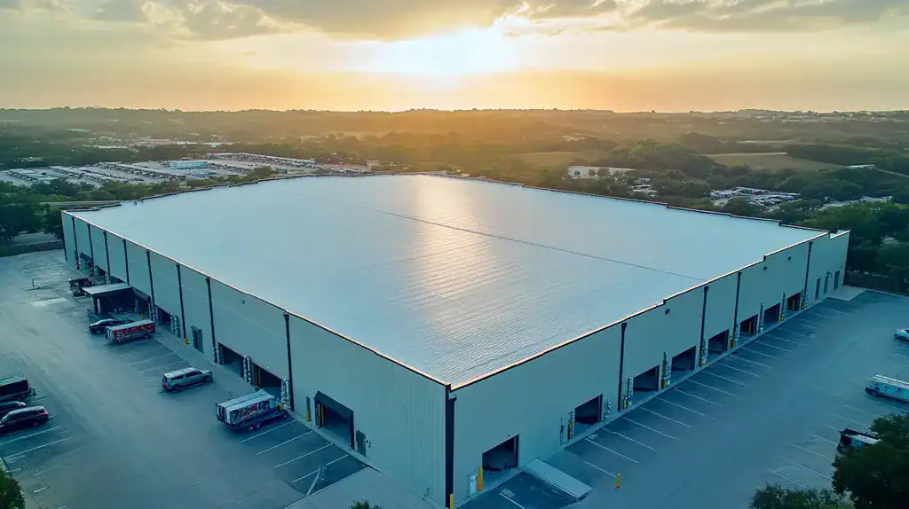 A commercial roof on a warehouse in a location similar to Austin with a light beams aesthetic (AI image)