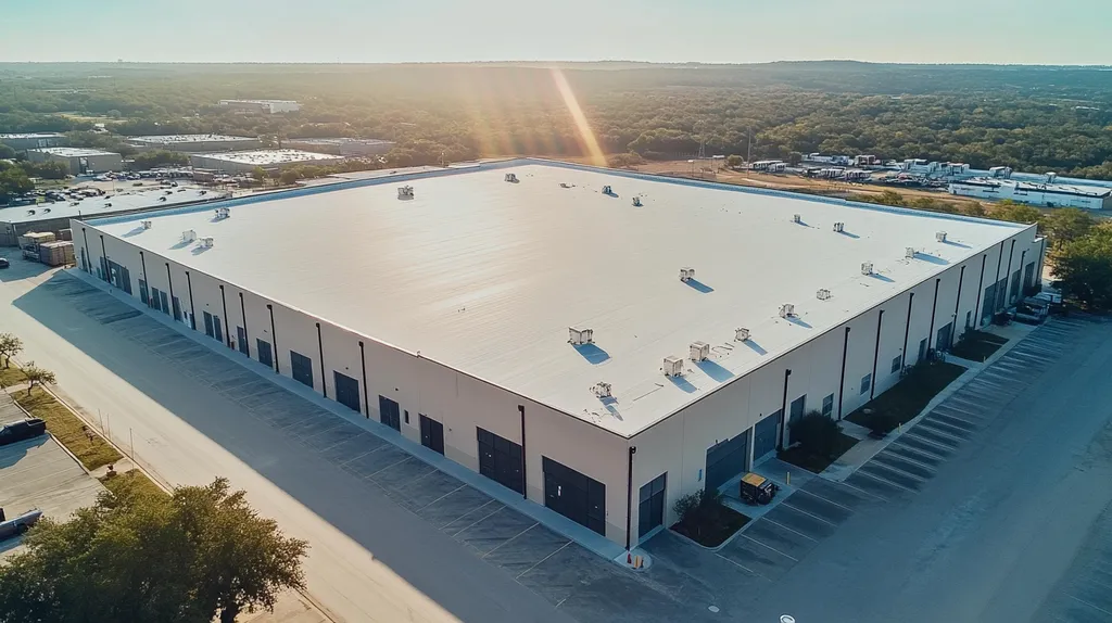 A commercial roof on a warehouse in a location similar to Austin with a light beams aesthetic (AI image)
