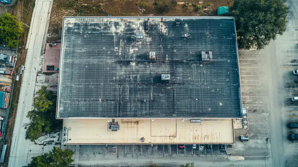A commercial roof on a warehouse in a location similar to Austin with a rainy day aesthetic (AI image)