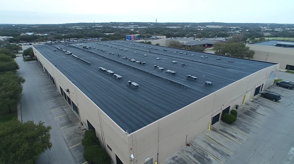 A commercial roof on a warehouse in a location similar to Austin with a rainy day aesthetic (AI image)