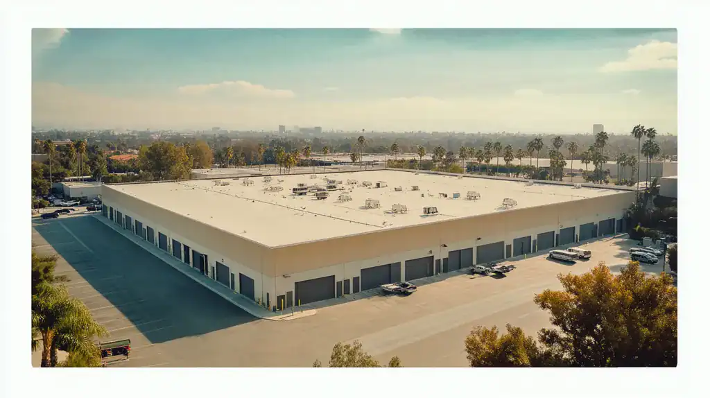 A commercial roof on a warehouse in a location similar to Beverly Hills with a Polaroid aesthetic (AI image)