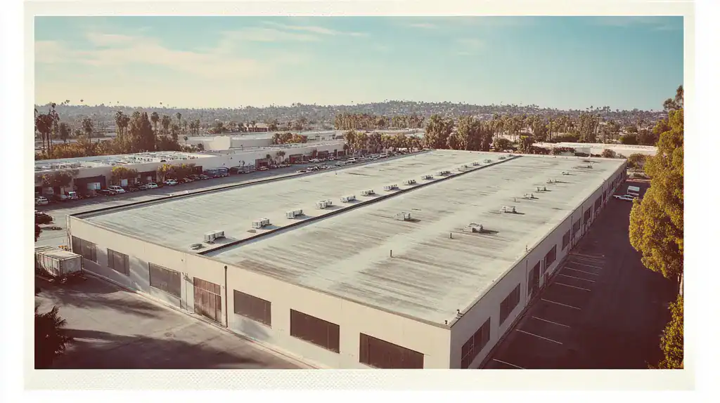 A commercial roof on a warehouse in a location similar to Beverly Hills with a Polaroid aesthetic (AI image)