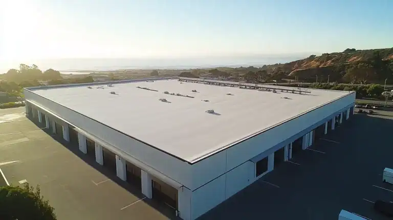 A commercial roof on a warehouse in a location similar to Big Sur with a futuristic aesthetic (AI image)