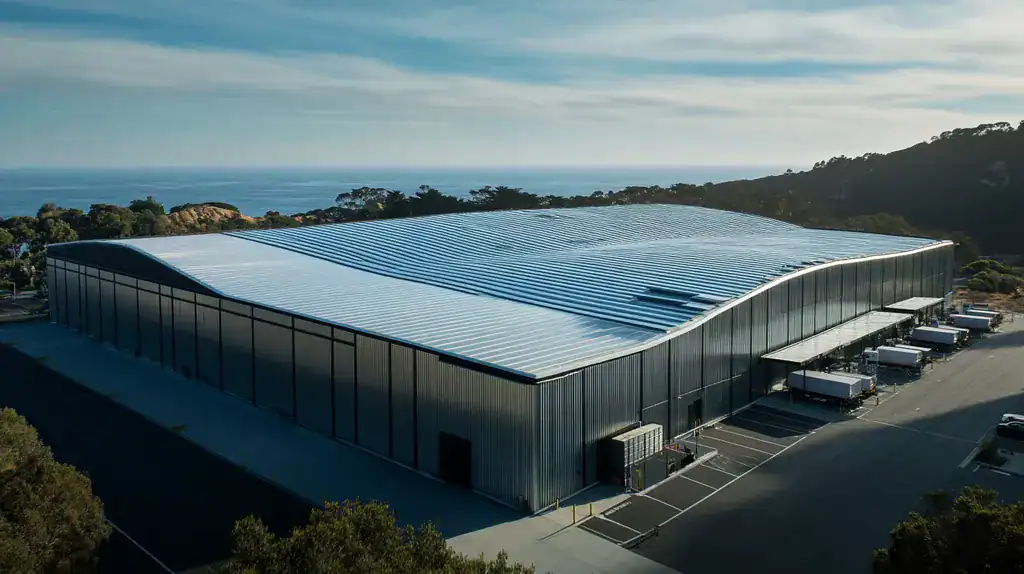 A commercial roof on a warehouse in a location similar to Big Sur with a futuristic aesthetic (AI image)