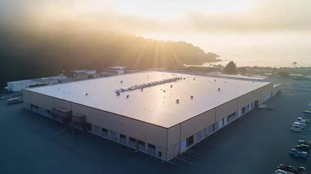 A commercial roof on a warehouse in a location similar to Big Sur with a light beams aesthetic (AI image)