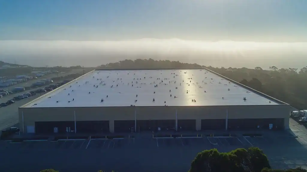 A commercial roof on a warehouse in a location similar to Big Sur with a light beams aesthetic (AI image)