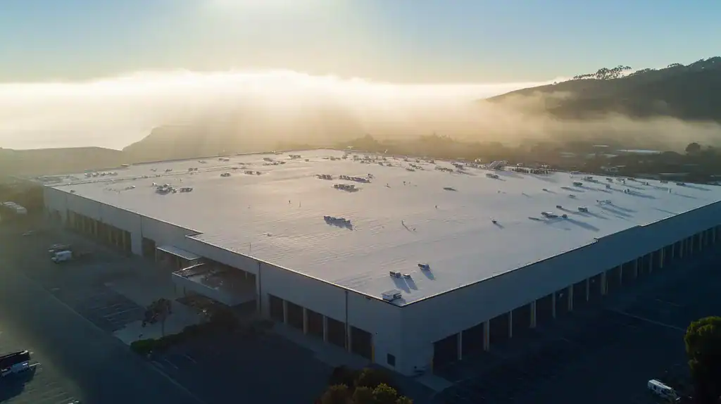 A commercial roof on a warehouse in a location similar to Big Sur with a light beams aesthetic (AI image)