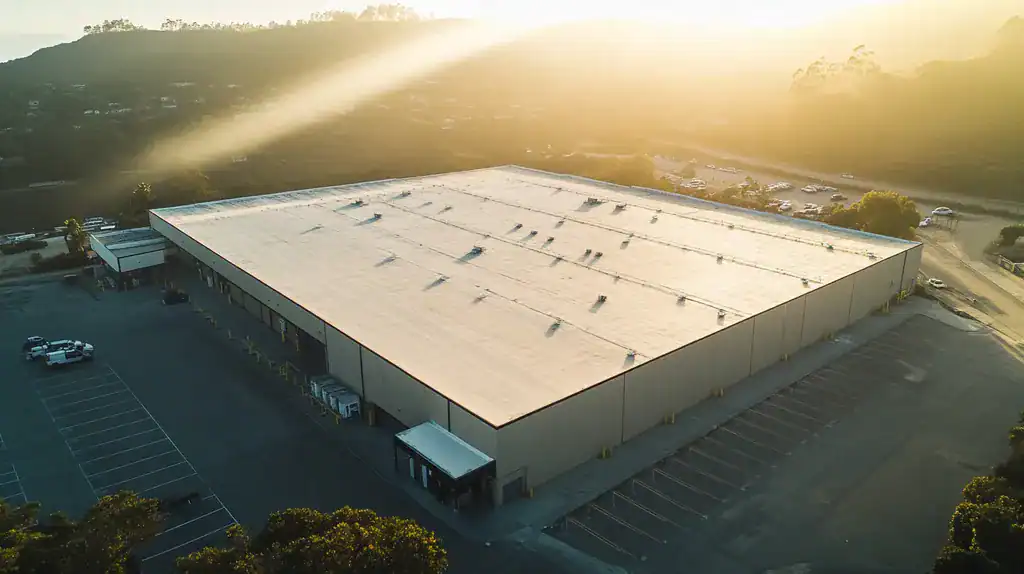 A commercial roof on a warehouse in a location similar to Big Sur with a light beams aesthetic (AI image)