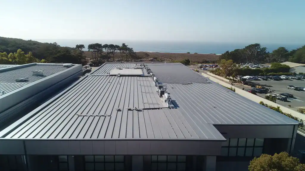 A commercial roof on a warehouse in a location similar to Big Sur with a stainless steel aesthetic (AI image)