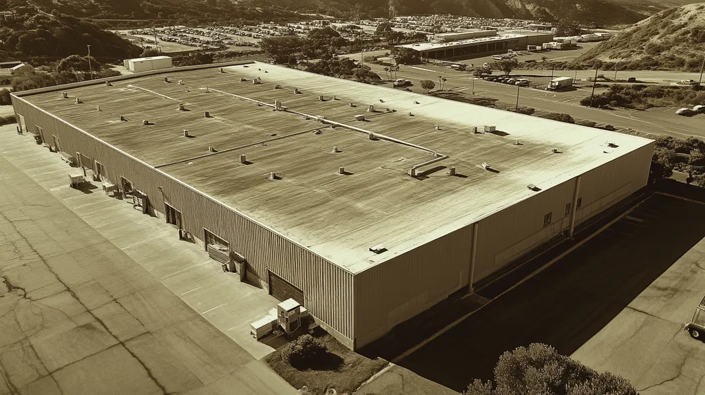 A commercial roof on a warehouse in a location similar to Big Sur with a tintype aesthetic (AI image)