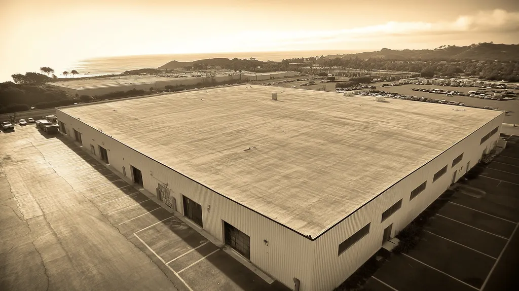A commercial roof on a warehouse in a location similar to Big Sur with a tintype aesthetic (AI image)