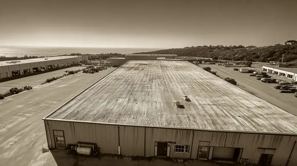 A commercial roof on a warehouse in a location similar to Big Sur with a tintype aesthetic (AI image)