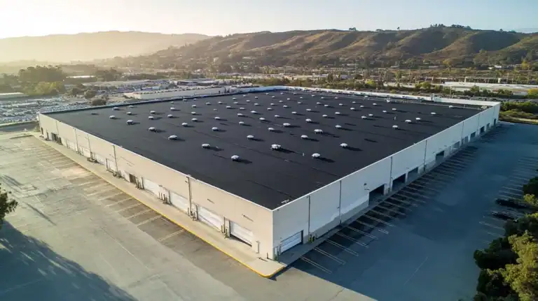 A commercial roof on a warehouse in a location similar to Big Sur with an urban context aesthetic (AI image)