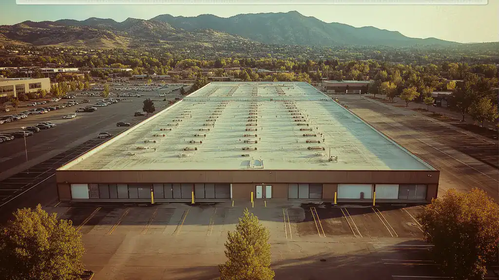 A commercial roof on a warehouse in a location similar to Boulder with a Polaroid aesthetic (AI image)