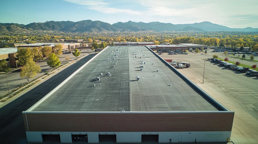 A commercial roof on a warehouse in a location similar to Boulder with a Polaroid aesthetic (AI image)