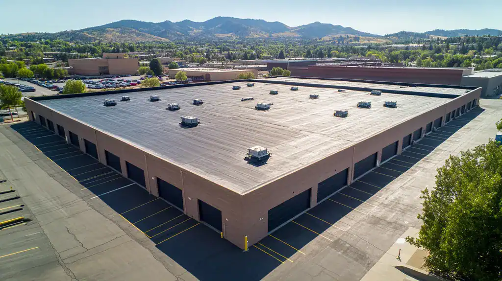 A commercial roof on a warehouse in a location similar to Boulder with an architectural photography aesthetic (AI image)