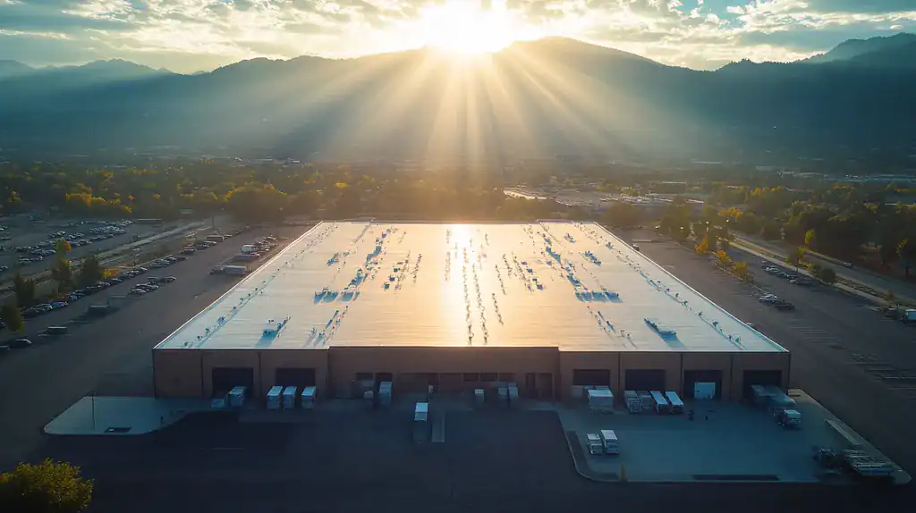 A commercial roof on a warehouse in a location similar to Boulder with a light beams aesthetic (AI image)