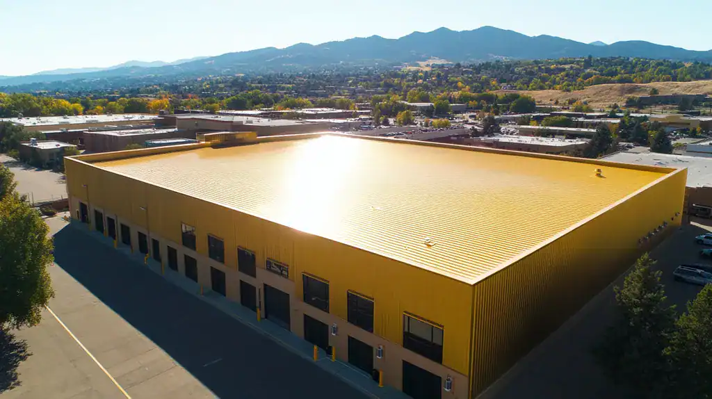 A commercial roof on a warehouse in a location similar to Boulder with a solid gold aesthetic (AI image)