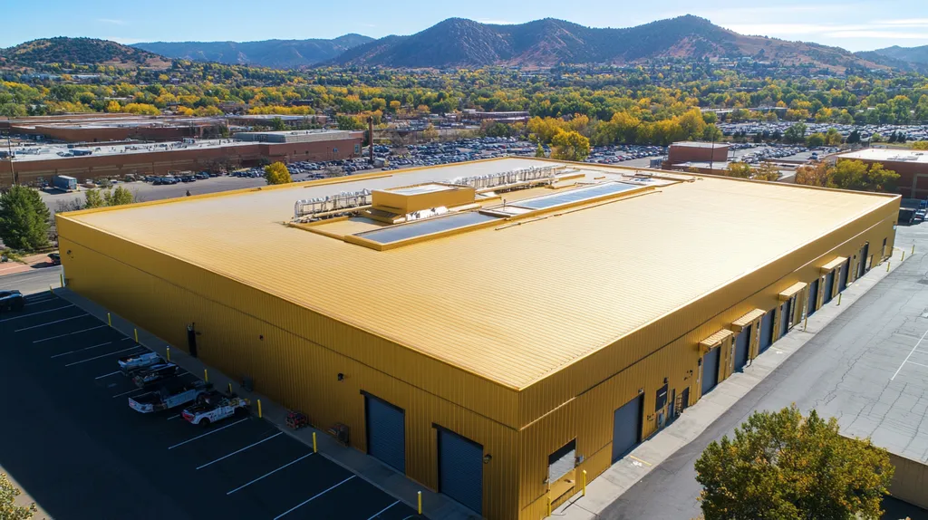 A commercial roof on a warehouse in a location similar to Boulder with a solid gold aesthetic (AI image)