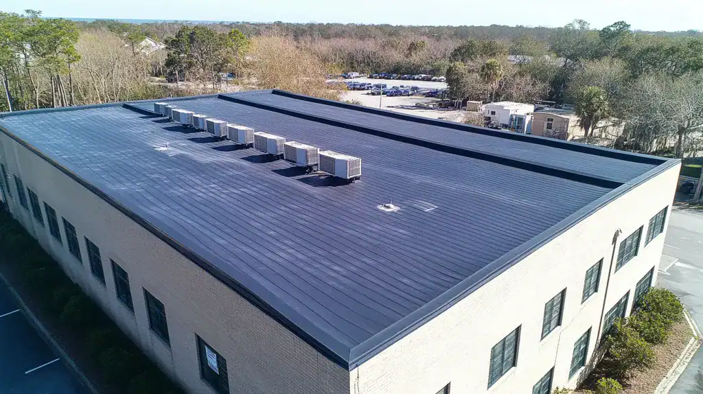 A commercial roof on a warehouse in a location similar to Charleston with a cross-processed look aesthetic (AI image)