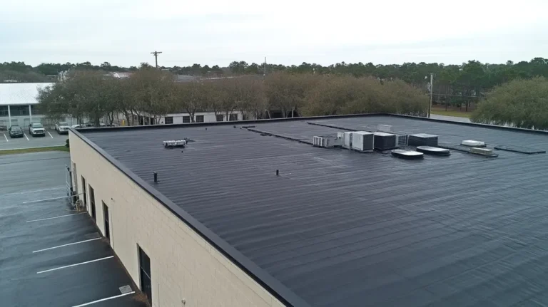 A commercial roof on a warehouse in a location similar to Charleston with a rainy day aesthetic (AI image)