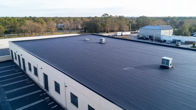 A commercial roof on a warehouse in a location similar to Charleston with a rainy day aesthetic (AI image)