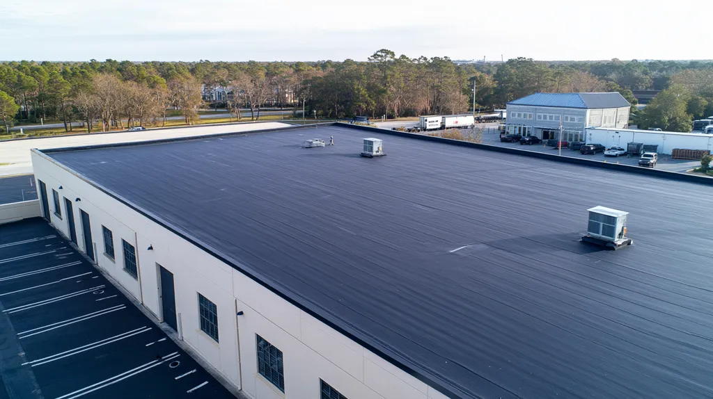 A commercial roof on a warehouse in a location similar to Charleston with a rainy day aesthetic (AI image)