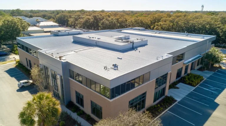 A commercial roof on a warehouse in a location similar to Charleston with a stainless steel aesthetic (AI image)
