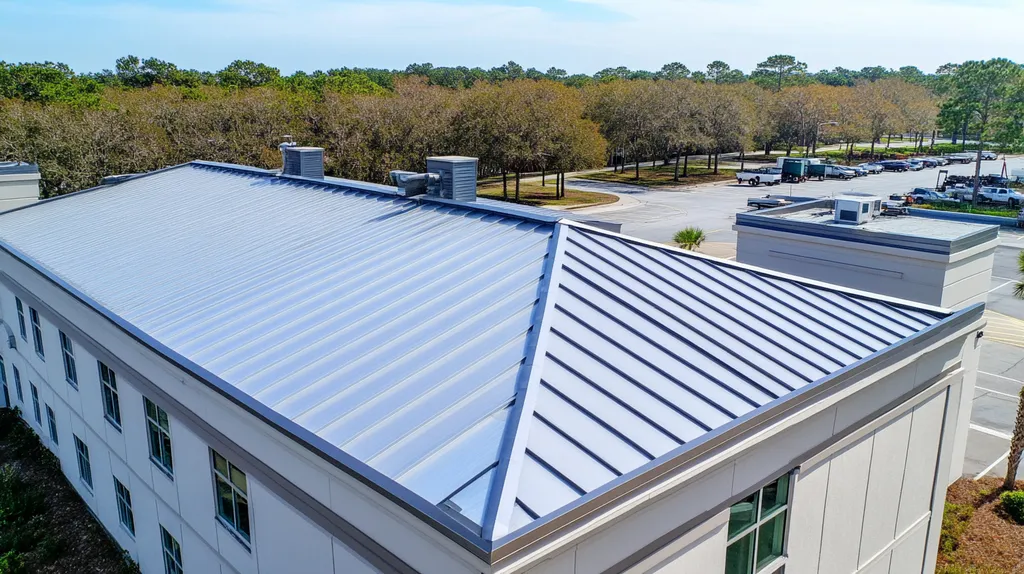 A commercial roof on a warehouse in a location similar to Charleston with a stainless steel aesthetic (AI image)