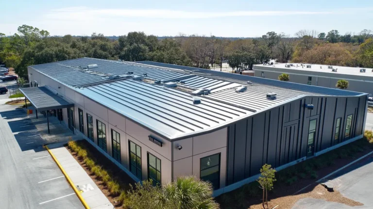 A commercial roof on a warehouse in a location similar to Charleston with a stainless steel aesthetic (AI image)
