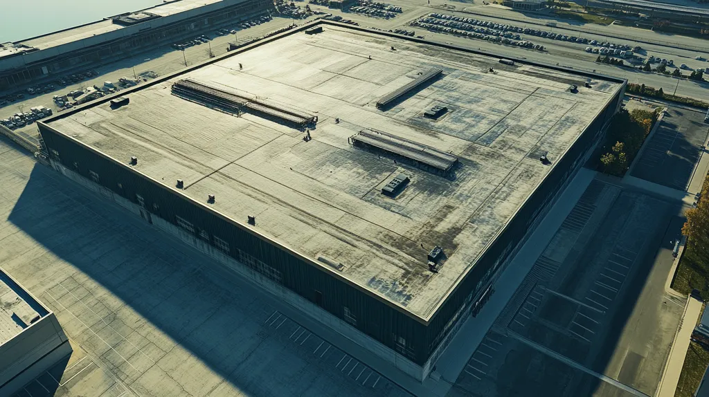 A commercial roof on a warehouse in a location similar to Chicago with a futuristic aesthetic (AI image)