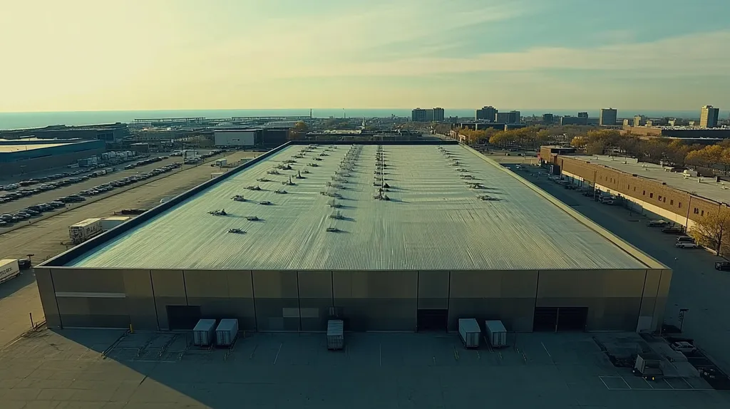 A commercial roof on a warehouse in a location similar to Chicago with a futuristic aesthetic (AI image)