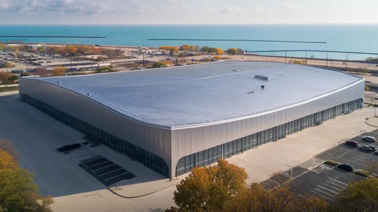 A commercial roof on a warehouse in a location similar to Chicago with a futuristic aesthetic (AI image)