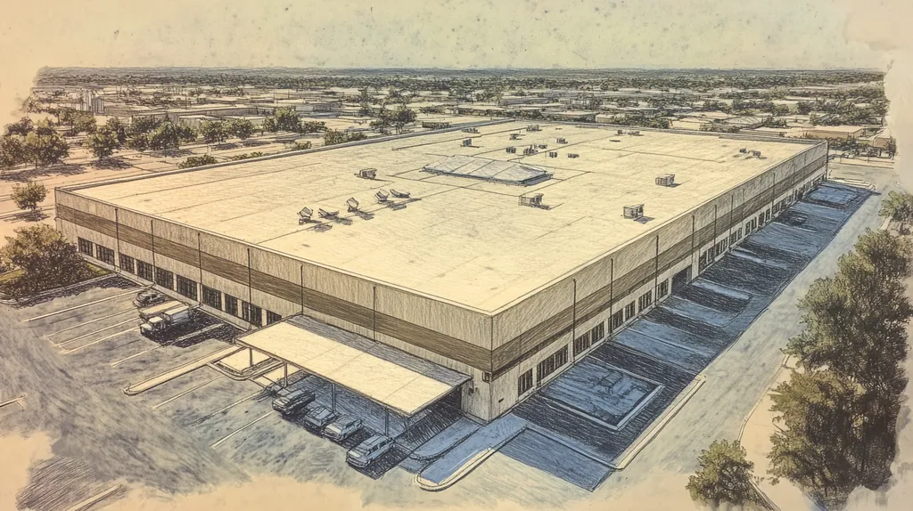A commercial roof on a warehouse in a location similar to Dallas with a charcoal sketch aesthetic (AI image)