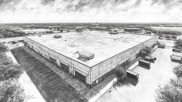 A commercial roof on a warehouse in a location similar to Dallas with a charcoal sketch aesthetic (AI image)
