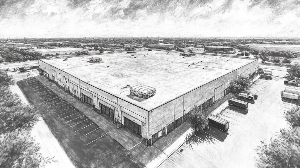 A commercial roof on a warehouse in a location similar to Dallas with a charcoal sketch aesthetic (AI image)