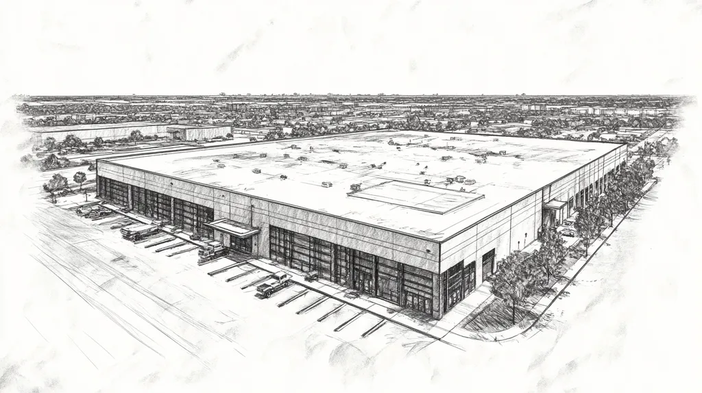 A commercial roof on a warehouse in a location similar to Dallas with a charcoal sketch aesthetic (AI image)