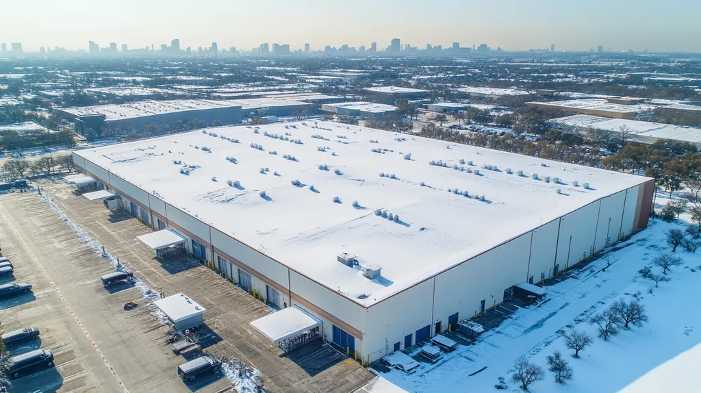A commercial roof on a warehouse in a location similar to Dallas with a snowy day aesthetic (AI image)