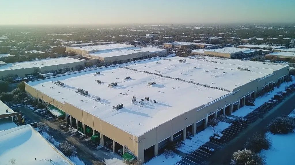 A commercial roof on a warehouse in a location similar to Dallas with a snowy day aesthetic (AI image)
