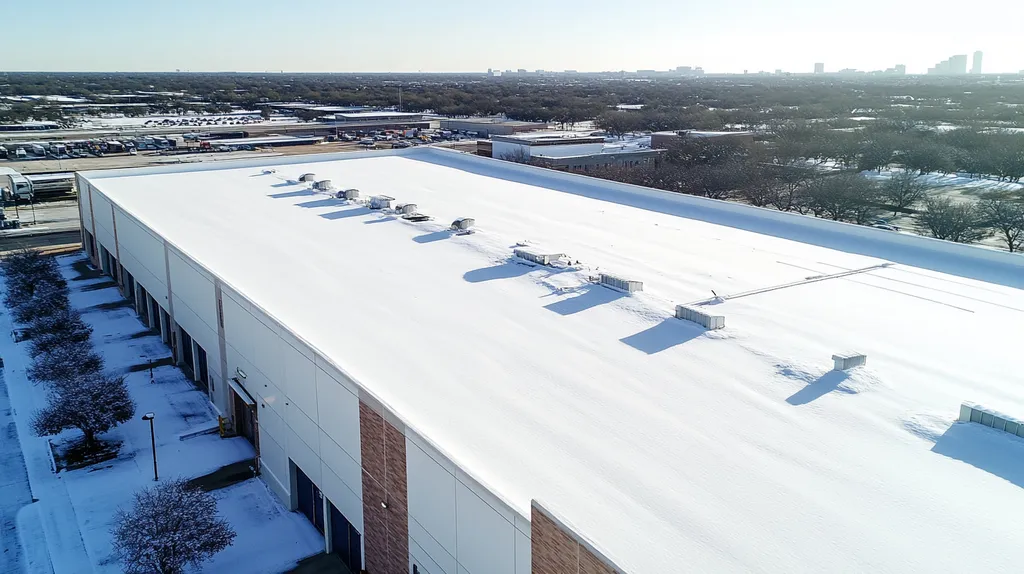 A commercial roof on a warehouse in a location similar to Dallas with a snowy day aesthetic (AI image)