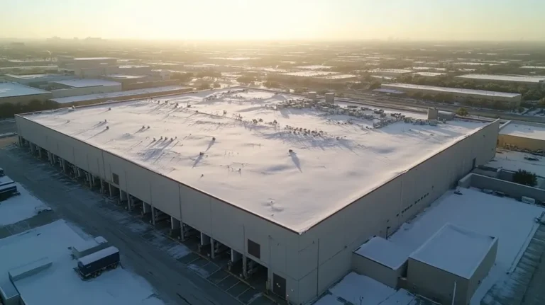 A commercial roof on a warehouse in a location similar to Dallas with a snowy day aesthetic (AI image)