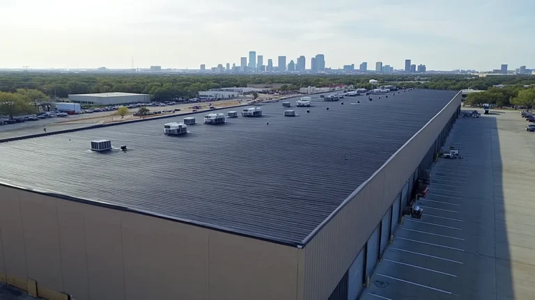 A commercial roof on a warehouse in a location similar to Dallas with an urban context aesthetic (AI image)