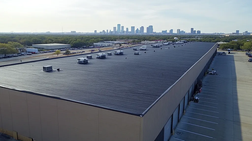 A commercial roof on a warehouse in a location similar to Dallas with an urban context aesthetic (AI image)