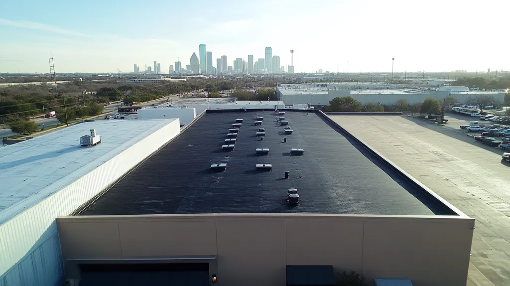 A commercial roof on a warehouse in a location similar to Dallas with an urban context aesthetic (AI image)
