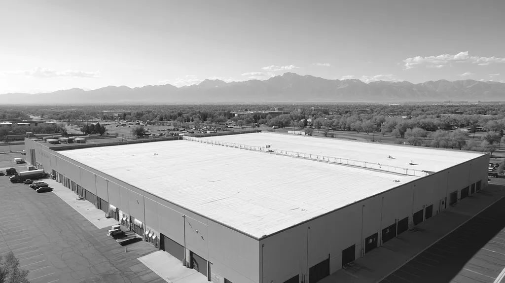A commercial roof on a warehouse in a location similar to Denver with a black and white photography aesthetic (AI image)