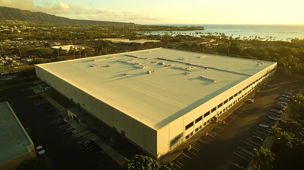 A commercial roof on a warehouse in a location similar to Honolulu with an ethereal glow aesthetic (AI image)